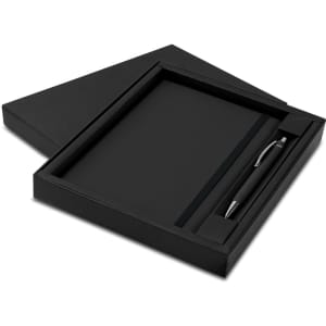 A black notebook with a matching black pen in a sleek black gift box. The set includes a logo on the pen.