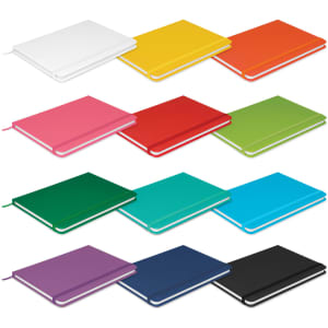 A collection of notebooks in various colours including white, yellow, orange, red, green, pink, dark green, teal, blue, purple, and black.
