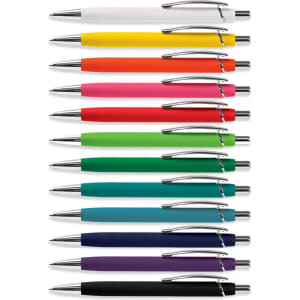 A collection of twelve pens in various vibrant colours, each with a silver clip and tip.