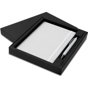A black gift box containing a white notebook and a silver pen. The set is elegantly presented for gifting.