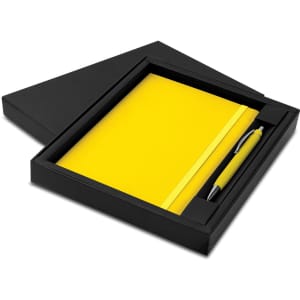 A yellow notebook and pen set presented in a black gift box. The set includes a matching yellow pen.