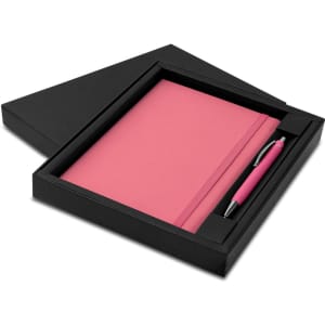 A pink notebook and matching pen presented in a black gift box. It features a sleek design with a logo.