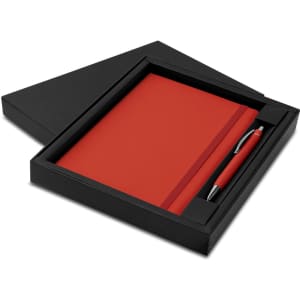 A red notebook and pen set presented in a black gift box, featuring a logo on the pen.