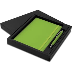 A green notebook and pen gift set displayed in a black box, featuring a sleek design.