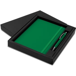 A green notebook and pen set presented in a black gift box, featuring a logo on the pen.