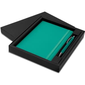 A teal notebook and matching pen in a black gift box, featuring a logo on the pen.