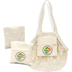 A small, cream-coloured cotton mesh tote bag with a foldaway design and a logo, accompanied by a compact storage pouch.