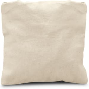 A small, cream-coloured cotton mesh tote bag with a simple design and an attached logo.