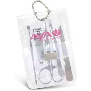 A vinyl manicure set in a clear case, featuring various silver nail care tools and a logo.