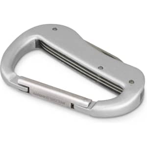 A silver carabiner multi-tool featuring a sleek design and integrated functions, ideal for keyrings and tools.
