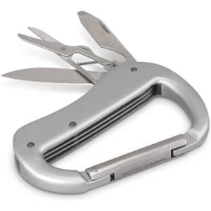 A silver carabiner multi-tool featuring scissors, a knife, and a flathead screwdriver. It has a logo on the handle.