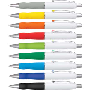 A collection of metal pens with white barrels and assorted coloured grips: grey, yellow, orange, green, blue, and black.