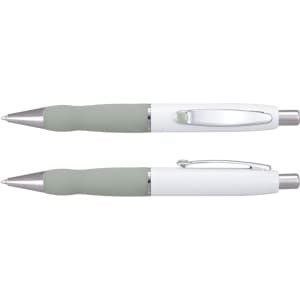 A metal pen with a white barrel and soft green grip, featuring a silver clip and accent.