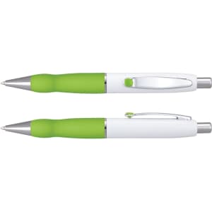 A metal pen with a white barrel and green rubber grip, featuring silver accents and a clip.