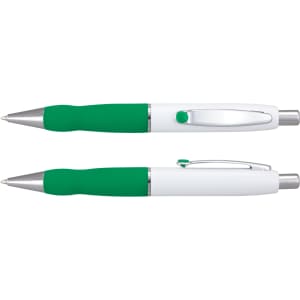 A metal pen with a white barrel and green grip, featuring a silver clip and trim. It has a logo on the body.