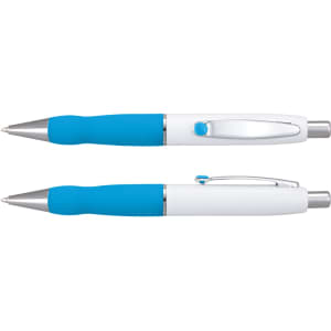 A metal pen with a white barrel and blue grip, featuring a silver clip and tip, alongside another pen in a similar design.