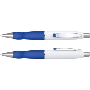 A metal pen with a white barrel and blue accents, featuring a clip and a logo.