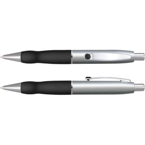 A metal pen in silver and black, featuring a sleek design with a grip and a clip. It has a logo on the side.