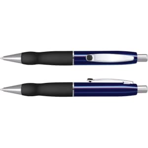 A metal pen in navy blue with black grip and chrome accents, featuring a branding logo.