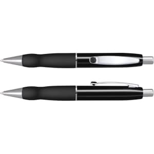 A black metal pen with a silver clip, featuring a comfortable grip and a sleek design.