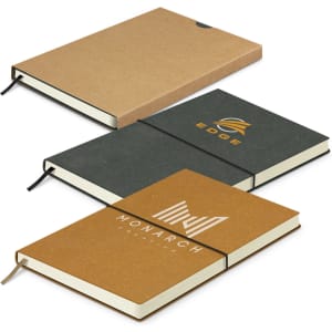 Three soft cover notebooks in brown and green, featuring various logos and elastic bands for closure.