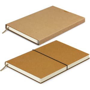 A recycled soft cover notebook in brown with a plain cover and an elastic band closure, featuring cream-coloured pages.