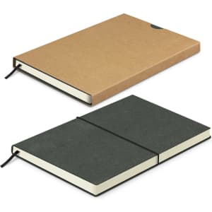 A recycled soft cover notebook with a brown cover and a dark green notebook, both featuring an elastic band closure.