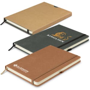 Three hard cover notebooks in various colours: a green one with a logo, and two in brown. Features include elastic bands and ribbon bookmarks.