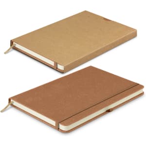 A recycled hard cover notebook in brown with a light brown ribbon bookmark and an elastic closure.