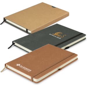 Three notebooks with hard covers in brown, black, and tan, featuring logos and elastic closures.
