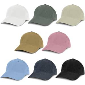 A collection of corduroy caps in white, green, olive, mustard, pink, blue, charcoal, and black, featuring logos.
