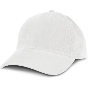 A corduroy cap in a light grey colour with a curved brim and a logo on the front.