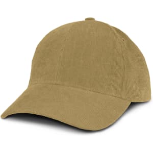 A corduroy cap in khaki colour, featuring a curved brim and a logo on the front.