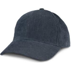 A corduroy cap in a dark grey colour, featuring a curved brim and a logo on the front.