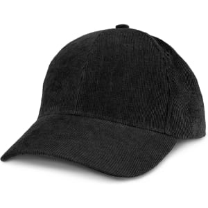 A black corduroy cap featuring a curved brim and an adjustable strap, with a logo on the back.