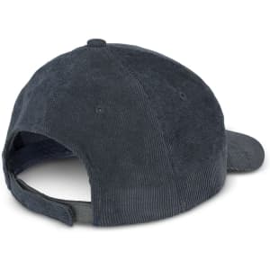 A dark blue corduroy cap featuring a curved brim and adjustable strap at the back. It has a logo.