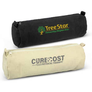 Two cylindrical pencil cases are displayed: one in black with a logo and one in cream with a logo.