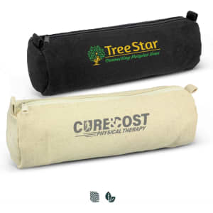 Two pencil cases: a black one with a logo and a cream-coloured one with a logo, both featuring zip closures.