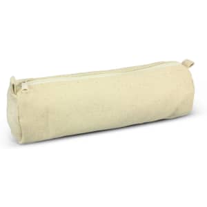 A beige pencil case with a zip closure, featuring a simple design and a fabric texture.