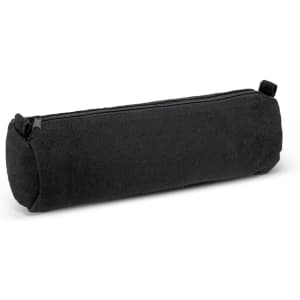 A black cylindrical pencil case with a zip closure and a small grab handle. It features a logo.