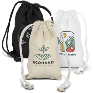 A small cotton gift bag in black, white, and natural colours with drawstring closures and logos.