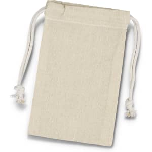 A small, cream cotton gift bag with drawstring ends and decorative tassels. It features a simple design and natural texture.