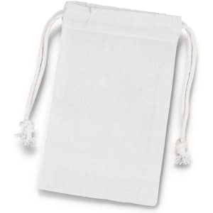 A small white cotton gift bag with drawstring closure and tassels. It features a simple design and is unbranded.