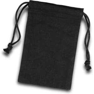 A small black cotton gift bag with drawstring closure. It features a simple design and has a logo.