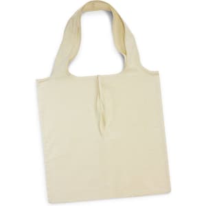 A foldable tote bag in a light cream colour, featuring a simple design and shoulder straps. It has a logo on it.