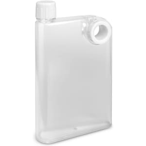 A drink bottle in a frosted clear design with a screw-top lid and a side opening, featuring a logo.