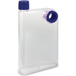 A drink bottle in frosted clear plastic with a blue cap and opening, featuring a simple design.