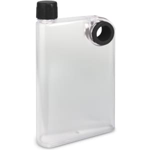 A drink bottle in frosted clear plastic with a black screw cap and a side opening, featuring a logo.