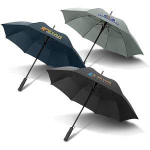 Three umbrellas in dark green, navy, and black featuring various logos. Each umbrella has a curved handle.