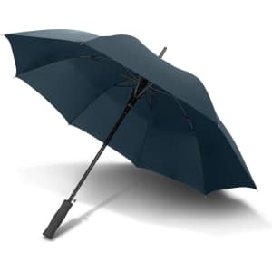 A navy blue umbrella with a black handle, featuring a logo and a sturdy design.